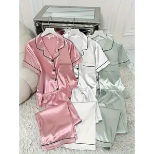 Women's 3 Sets Satin Pajama Set Short Sleeve Buttons Lapel Top & Pants Comfortable Relaxed Fit Sleepwear Silky Loungewear for Women Polyester Homewear Pjs Pyjamas Basic Minimalist Pink Gray Champagne Matching Everyday Spring Style Woven