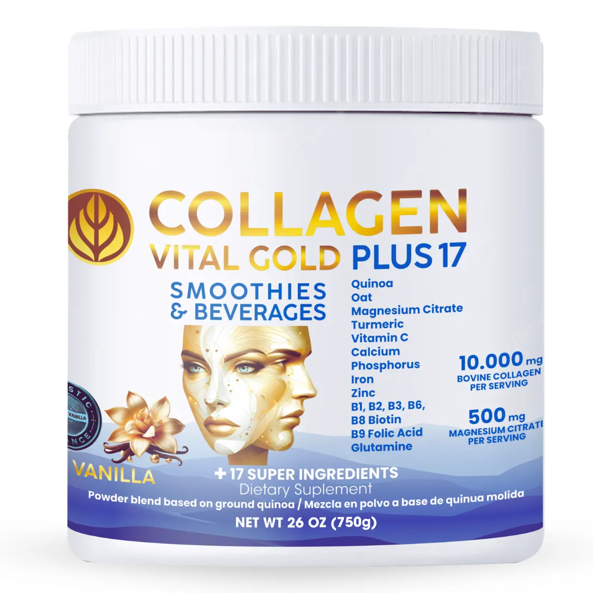 Vital Gold, Vanilla Collagen Powder 26 Oz | All-in-one Formula with +17 Super Ingredients for Beauty, Dietary Support, Hair, Nail Care &  Wellness.