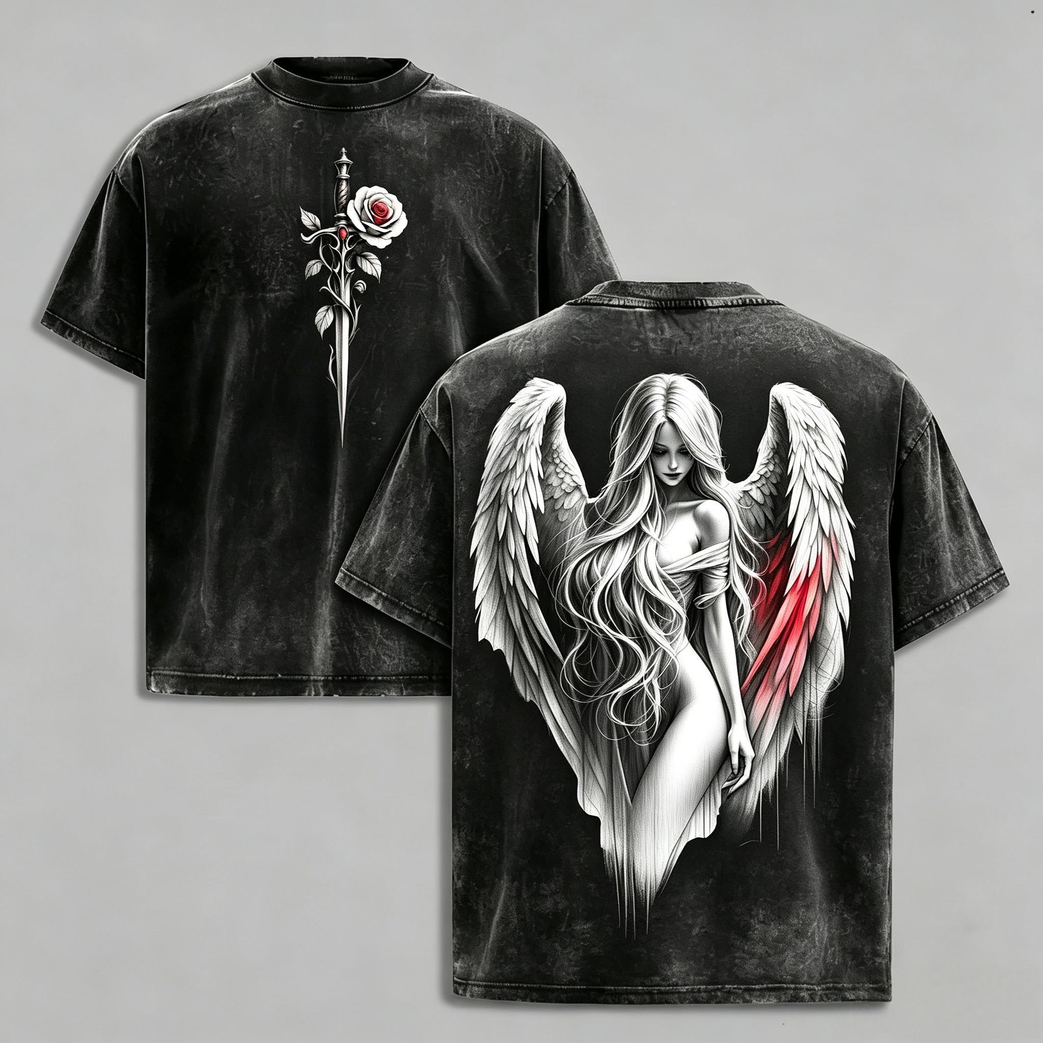 Men's Oversized Round Neck Short-Sleeve Loose T-Shirt - Menswear, Casual Machine Washable Grunge Dark Angel Graphic Top with Gothic Sword & Rose Print, Vintage Washed Black Edgy Streetwear Tee for Father's Day, Aesthetic