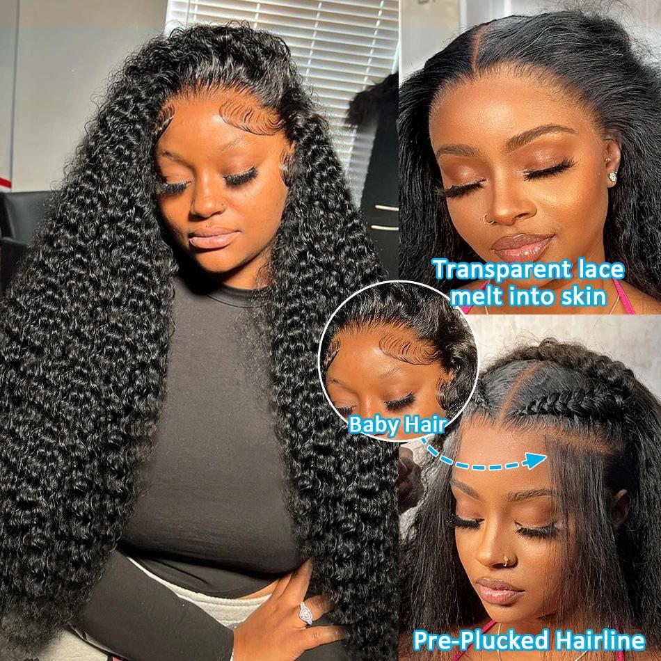 Bling Hair Transparent Brazilian 13x6 Deep Wave Lace Front Human Hair Wigs For Women 180 Density HD 13x6 Kinky Curly Lace Frontal Wigs 36 38 Inch Natural Black Color Preplucked Hairline Wigs