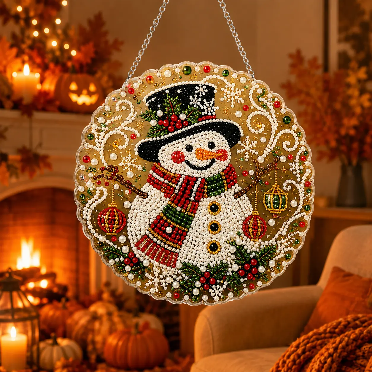 8 Inch DIY Diamond Painting Hanging Ornament, 20cm Rhinestone Wreath Decoration for Halloween, Fall & Christmas, Sparkling Door Wall Window Decor, Holiday Craft Gift