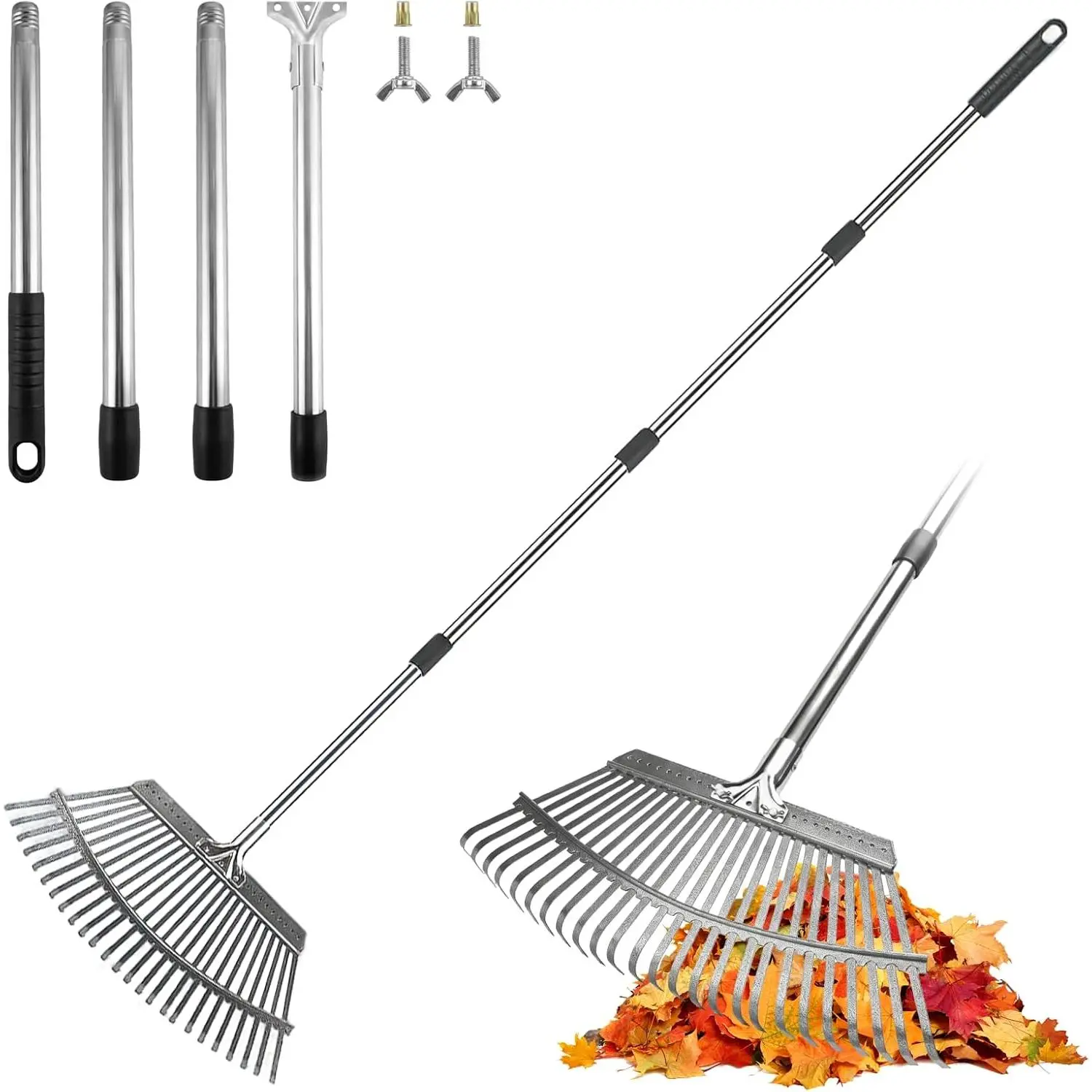 Adjustable Leaf Rake, 18-Inch Wide Heavy Duty Garden Rake with 62-Inch Long Handle, Large Metal Leaf Rake for Lawn Yard Grass, Flower Beds, Outdoor Use, Rastrillo para Jardin
