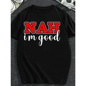 Men's Vintage 'NAH I'm Good' Red Lettering T-Shirt - Soft Breathable Cotton Oversized Tee, Plus Size Big & Tall Casual Gym & Travel Shirt, Machine Washable Fit for Casual Attire, PLUS SIZE