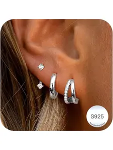 Women's 3-Pair Sterling Silver Color Earring Set, Plated Small Studs, Stackable Zirconia Helix Piercing Jewelry, Hypoallergenic CZ Earrings