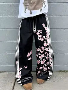Men's American High Street Loose Wide Leg Pants, Side Stripe Cherry Blossom Digital Print Sweatpants, Drawstring Waist Casual Sports Long Pants