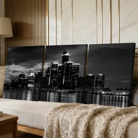 3 Counts Wooden Framed Canvas Painting, Modern Black And White City Skyline Night View, Poster, Modern Art, Decorative Wall Art, Wall Art Decoration, Modern Home Decor, Canvas Prints, Waterproof Art