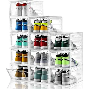 12 Pack Large Shoe  Box, Clear Shoe   with Magnetic Door, Stackable,Shoe Containers For Display Sneakers, Easy Assembly, Fit up to US Size 12, Clear Racks See-Through door organizer helmet  rack storage