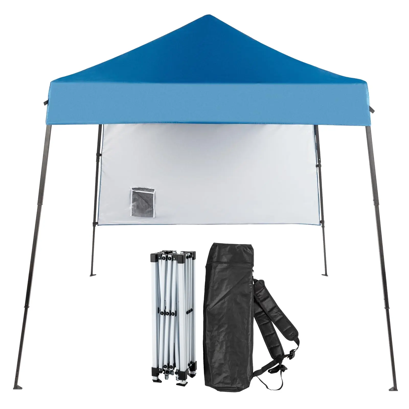 Portable Pop-Up Canopy, 6'x6' Slant-Leg Outdoor Shade in Blue Oxford Fabric with Sidewall and Backpack, Easy 1-Person Setup, Canopy Tents, Backpacks, Beach Camping, 6Ft X 6Ft Top, Camping Events, Black Tubes, Upf 50 Shield, Slant-Leg Frame, One-Person Set