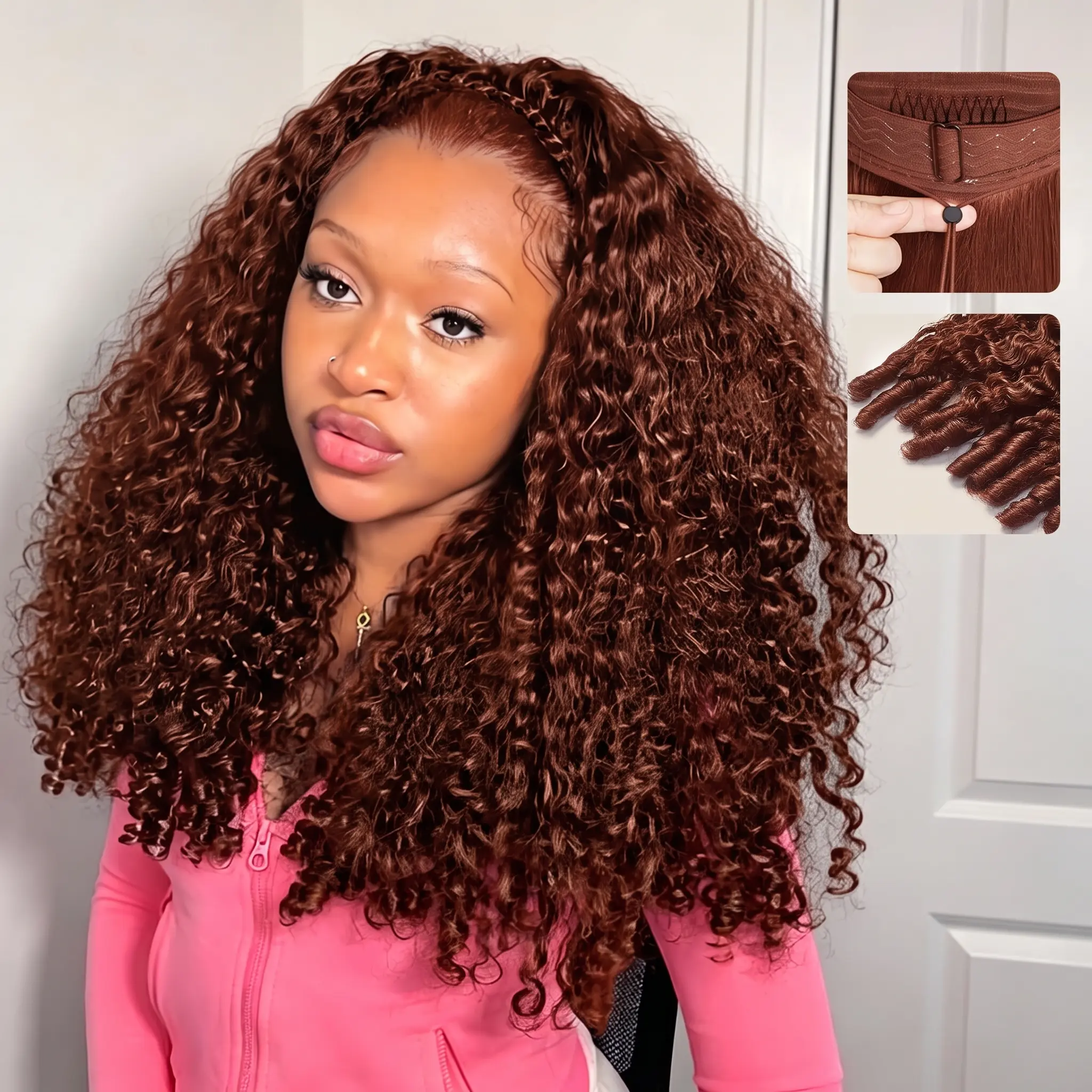 Burmese Curly Half Wig 3 In 1 Flip Lightweight 100% Human Hair Seamless Drawstring Wig Wear And Go Glueless Half Up Half Down Hairstyle, Color 33#, Reddish Brown, 20 Inch 180 Density