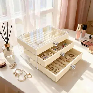 Jewelry Organizer Box with Clear Lid – Velvet Lined, Stackable, Dustproof Jewelry Storage, Ring & Earring Organizer, Vanity Decor & Storage Solution, Gift for Women