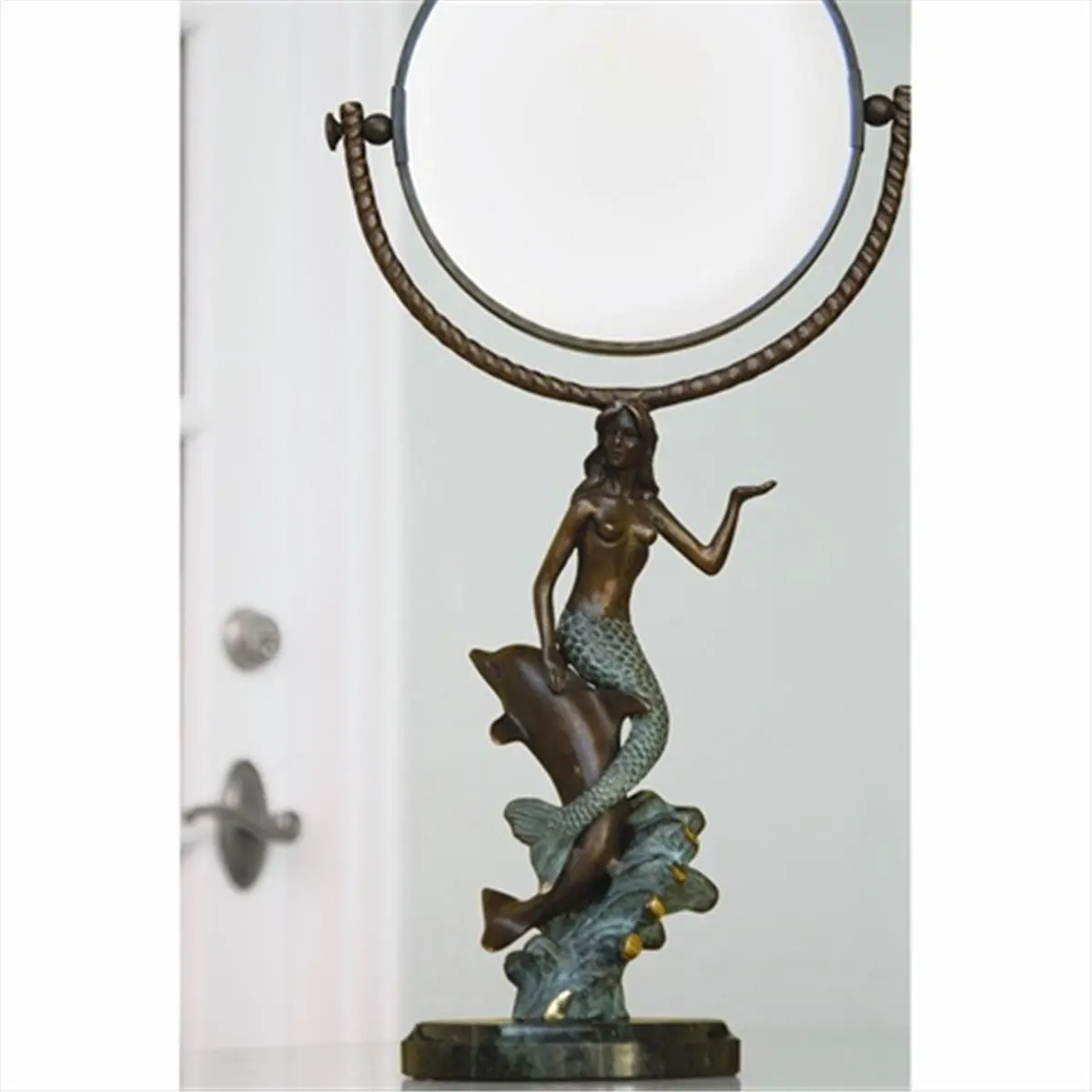SPI Home Mermaid & Dolphin Glass Bathroom Mirror with Marble Construction, Home Decor Fixture
