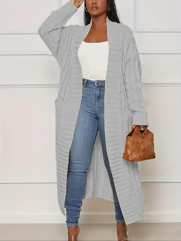 Plus Plain Textured Drop Shoulder Cardigan, Casual Long Sleeve Pocket Coat for Women, Women's Plus Clothing for Spring & Fall 7