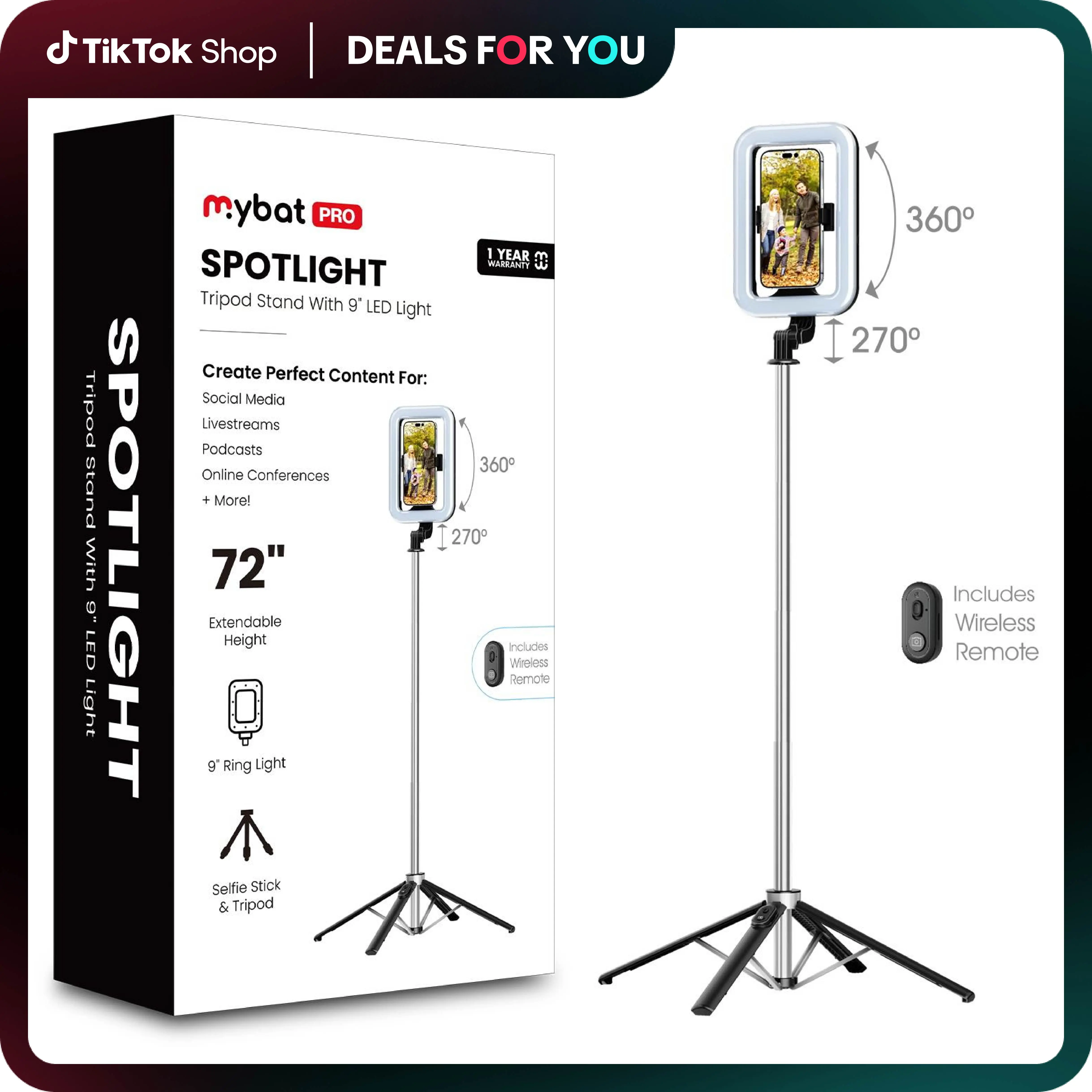 MyBat Pro Selfie Stick, Wireless Remote Controlled Tripod Stand with 9" Dimmable LED Light, Remote Control Smartphone Holder for TikTok Video Recording