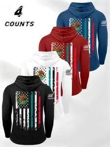 Men's Sporty Long Sleeve Hoodie Set, Comfortable Patriotic Print, 4 Piece Pack for Gym, Daily Wear, and National Events, Athletic Hoodies