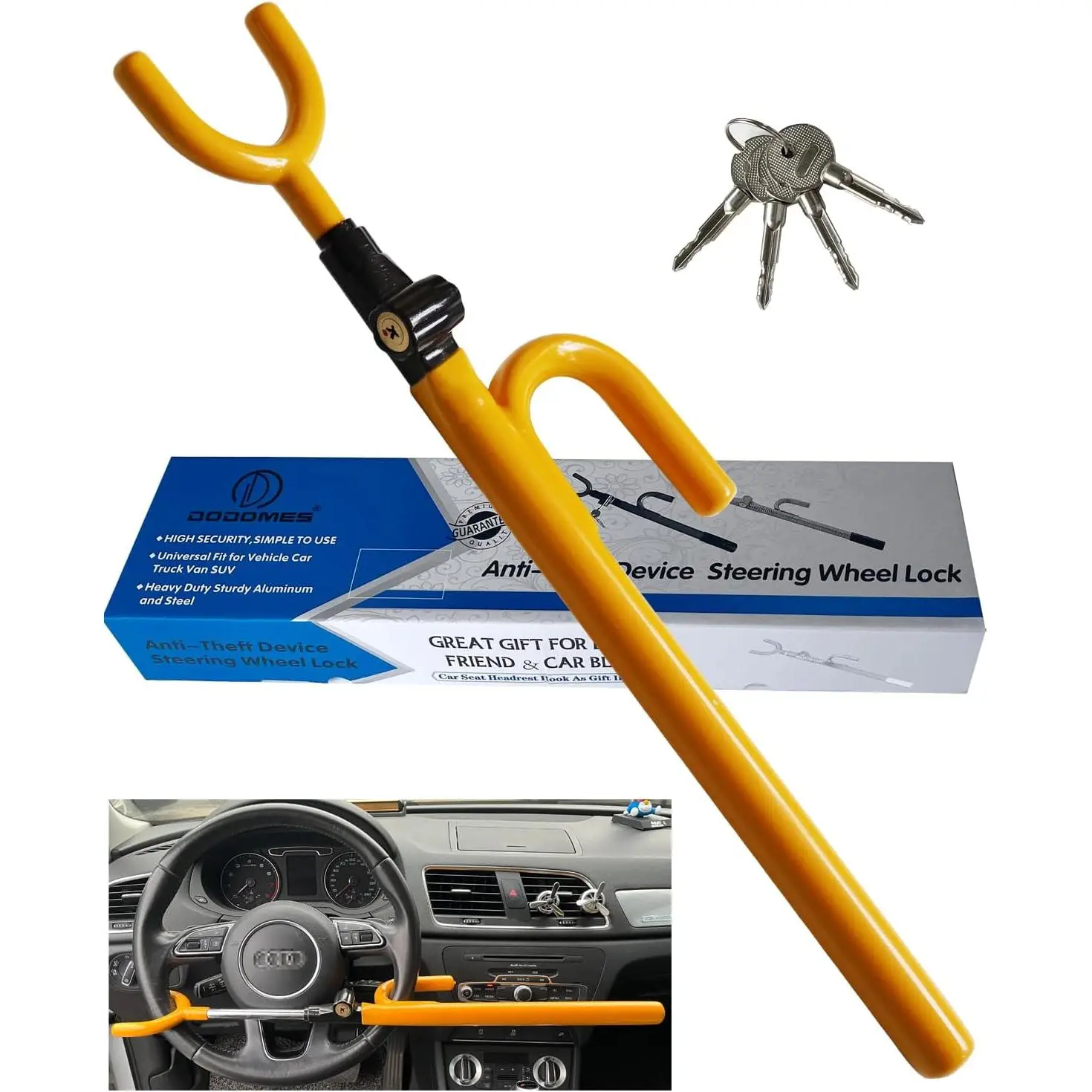 Steering Wheel Lock Anti-  Device  Wheel Locks Heavy Duty   Steering Wheel Lock for    Van Lorry SUV with 4 , Elongated Length MAX 30.5" Yellow