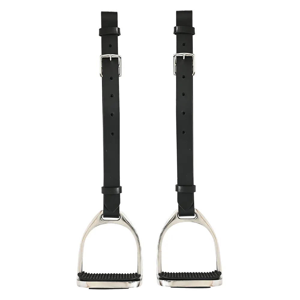 Horse Saddle Stirrups Hilason English Leather Pair Black W/ Hobble Strap