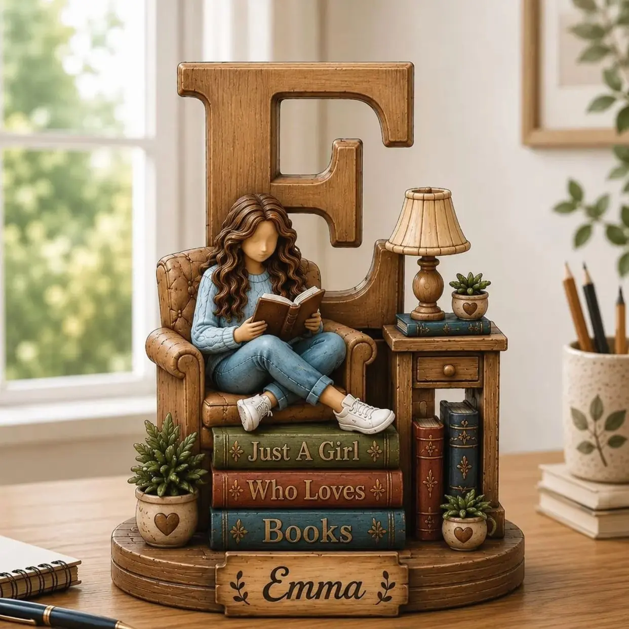 Personalized Wooden Book Lover Figurine, Custom Initial Letter & Name Block, Reader Shelf Decor, Library Decoration, Book Lover Gift