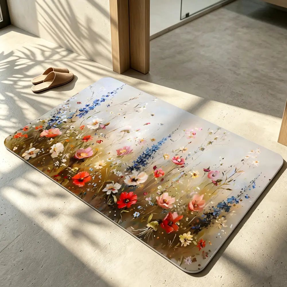 Soft Pastel Floral Meadow Wildflowers Impressionist Painting Door Mat, Vibrant Blooming Garden Area Rug, Non-Slip Washable Floor Mat for Entryway Bedroom Home Decor