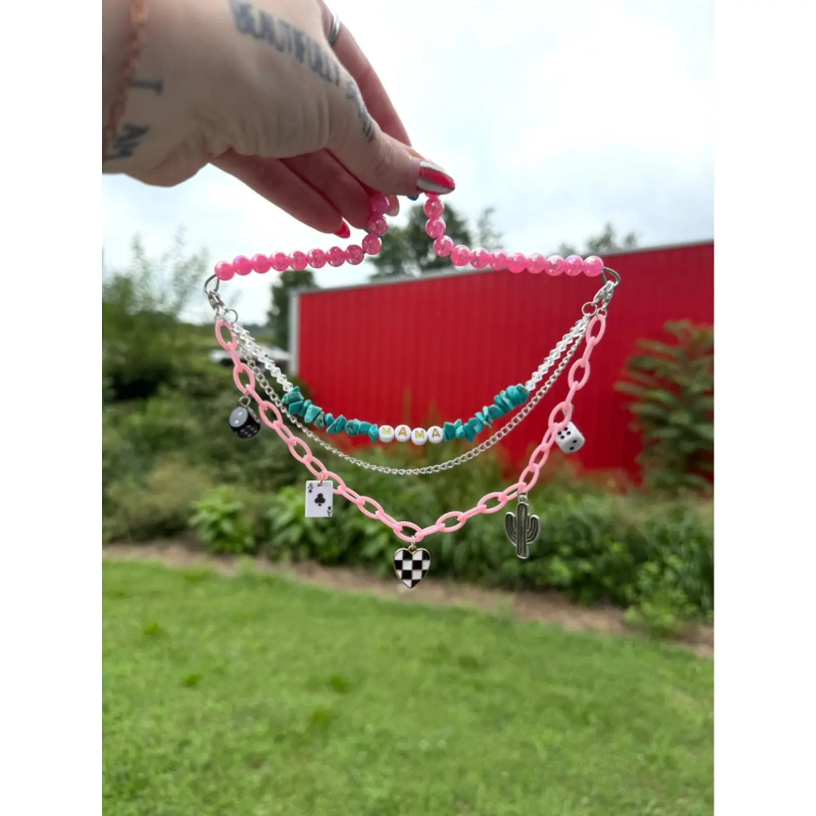 Mama Pink Turquoise Rear View Mirror Charm Hanger with Cactus and Dice Charms
