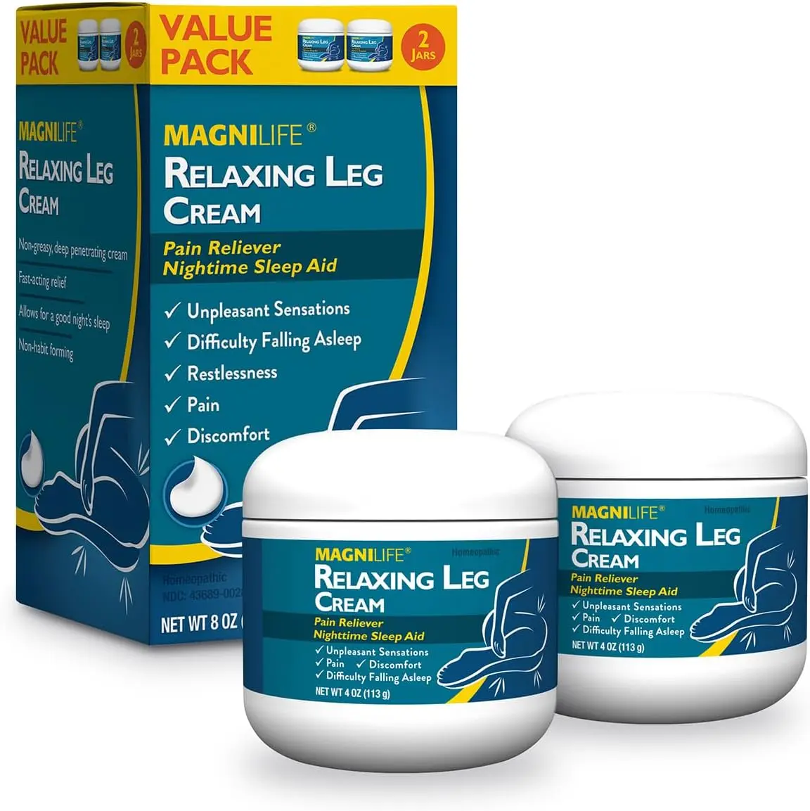 MagniLife Relaxing Leg Cream, 2-Pack of 4 Oz Fast-Absorbing Topical Moisturizer with Lavender & Magnesium, Non-Greasy Bedtime Body Care Cream
