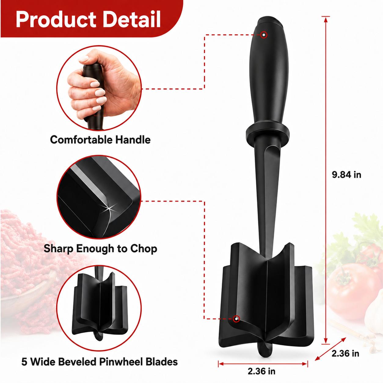 Meat Chopper and Masher, 5-Blade Ground Beef Chopper Tool, Heat Resistant Hamburger Meat Masher, Mix and Chop Kitchen Tool for Potatoes, Eggs, Avocado and Soft Cooked Foods