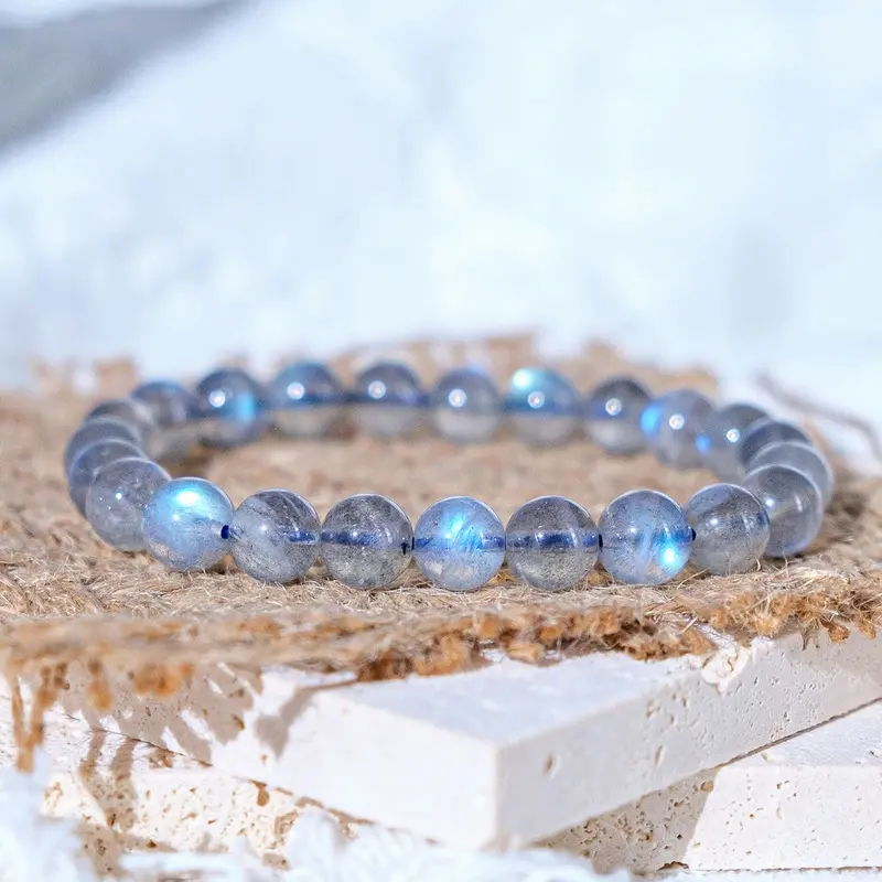 SofiaDesignsBoutique 7mm Round Natural Moonstone Blue Sheen Crystal Bracelet, Bohemian Dainty Jewelry Bracelet for Adult Daily Wear, Stretch Beaded Accessory