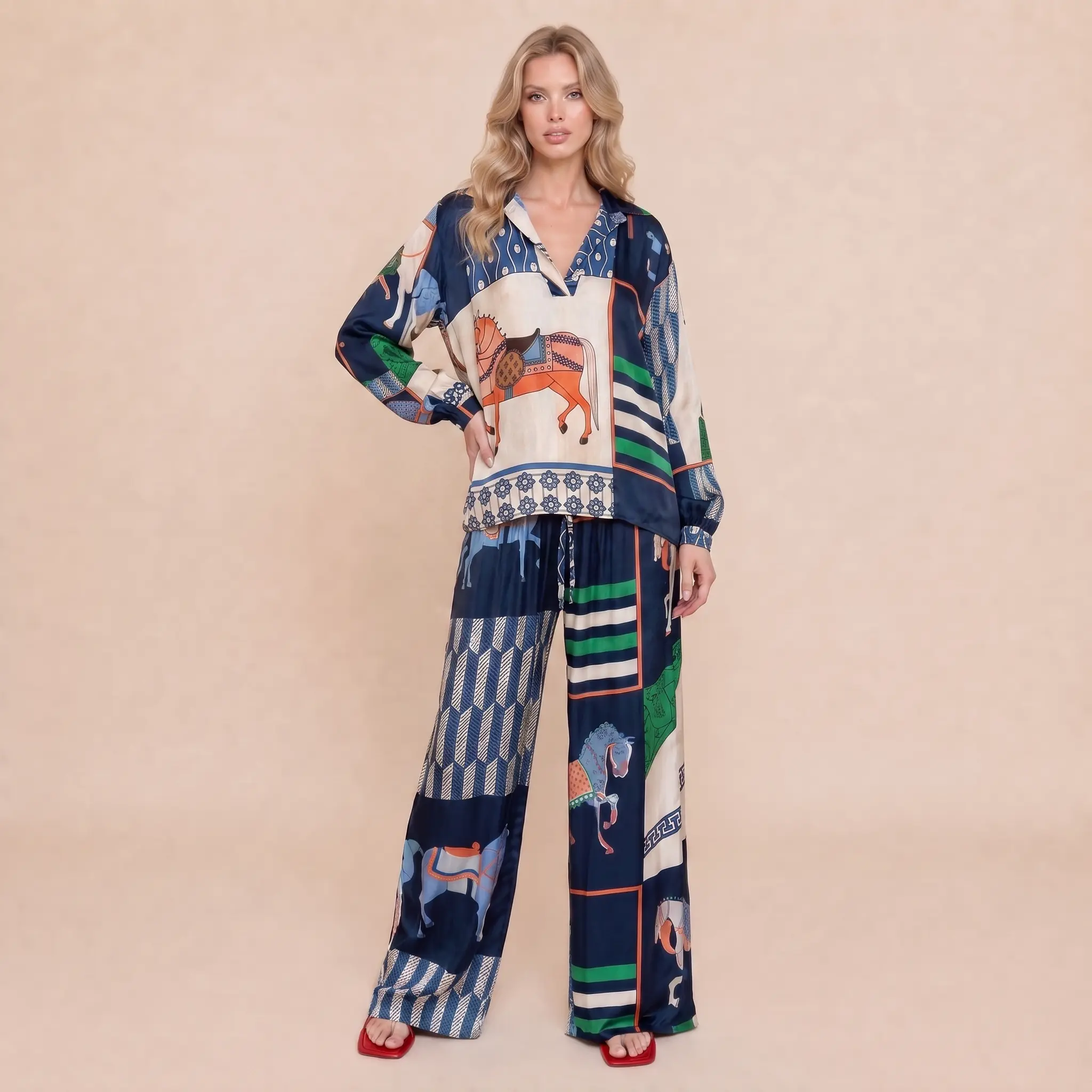 LikeMyChoice Horse Print Satin 2 Piece Outfit Long Sleeve Shirt Wide Leg Pants Set Luxury Resort Matching Loungewear Women