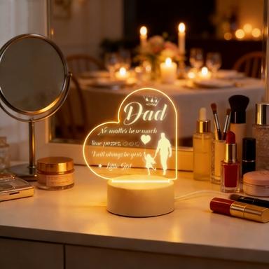 Dad Night Light, 2D Acrylic Heart Shaped Father & Daughter Lamp, Personalized Gift from Daughter to Dad, Warm White LED Desk Lamp, Father's Day Birthday Christmas Thanksgiving Gift for Dad, USB Powered Night Light