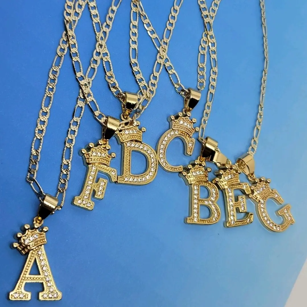 initials with crown figaro chains Gold-plated all letters available