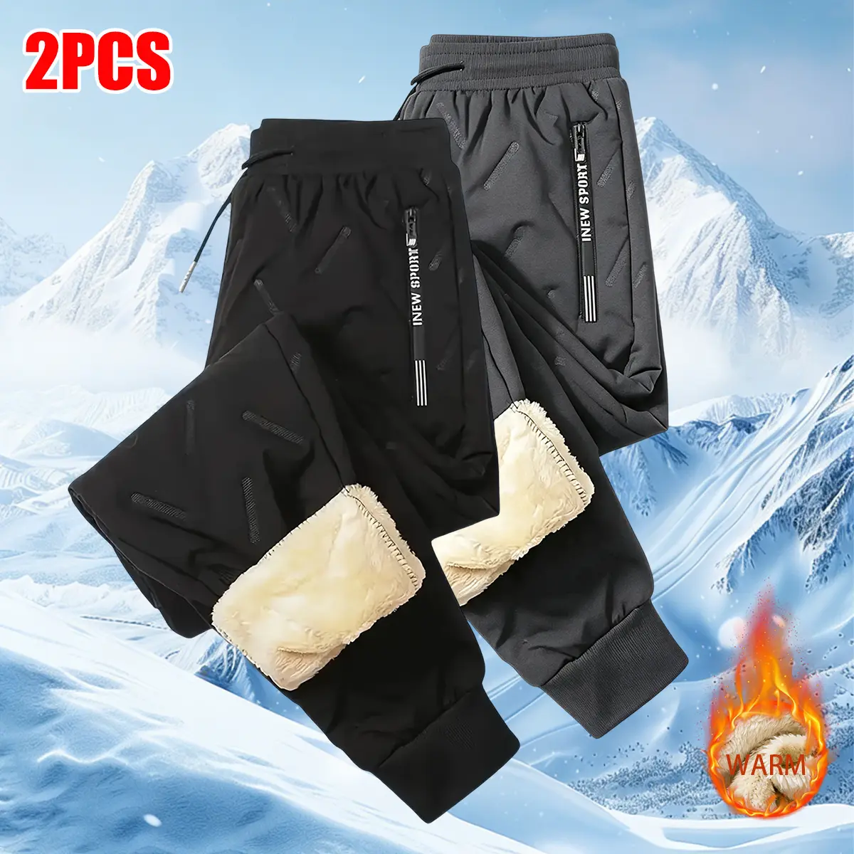 Men’s 2-piece warm jogging pants set – windproof, high-quality thick casual outdoor pants with an elastic drawstring waistband and zippered side pockets, suitable for autumn/winter hiking, fishing, sports, camping, jogging, and fishing apparel.