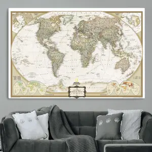 World Map Wall Art Canvas – National Geographic Style Framed Map Print, Elegant Educational Wall Decor for Home, Office