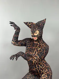 Cheetah Print Catsuit Full Body Costume with Headpiece Gloves and Socks, Animal Print Spandex Jumpsuit for Performers
