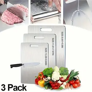 3 Pack Stainless Steel Double Sided Chopping Board, Modern Cutting Food Board, Kitchen Gadgets Chopping Board for Meat & Vegetable, Kitchen Cooking Accessories, Kitchen Supplies, Kitchenware Dishwasher Safe Knives Steak Knives Set