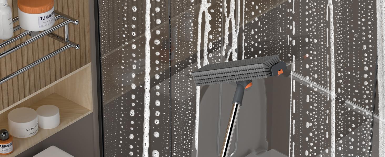 3 in 1 Floor Scrub Brush with Long Handle, Stiff Bristle Scrubber with Silicone Squeegee and Hair Removal Clip, 360° Rotating Bathroom Cleaning Brush for Tile, Grout, Shower, Tub, Glass, Wall, Kitchen and Floor Cleaning