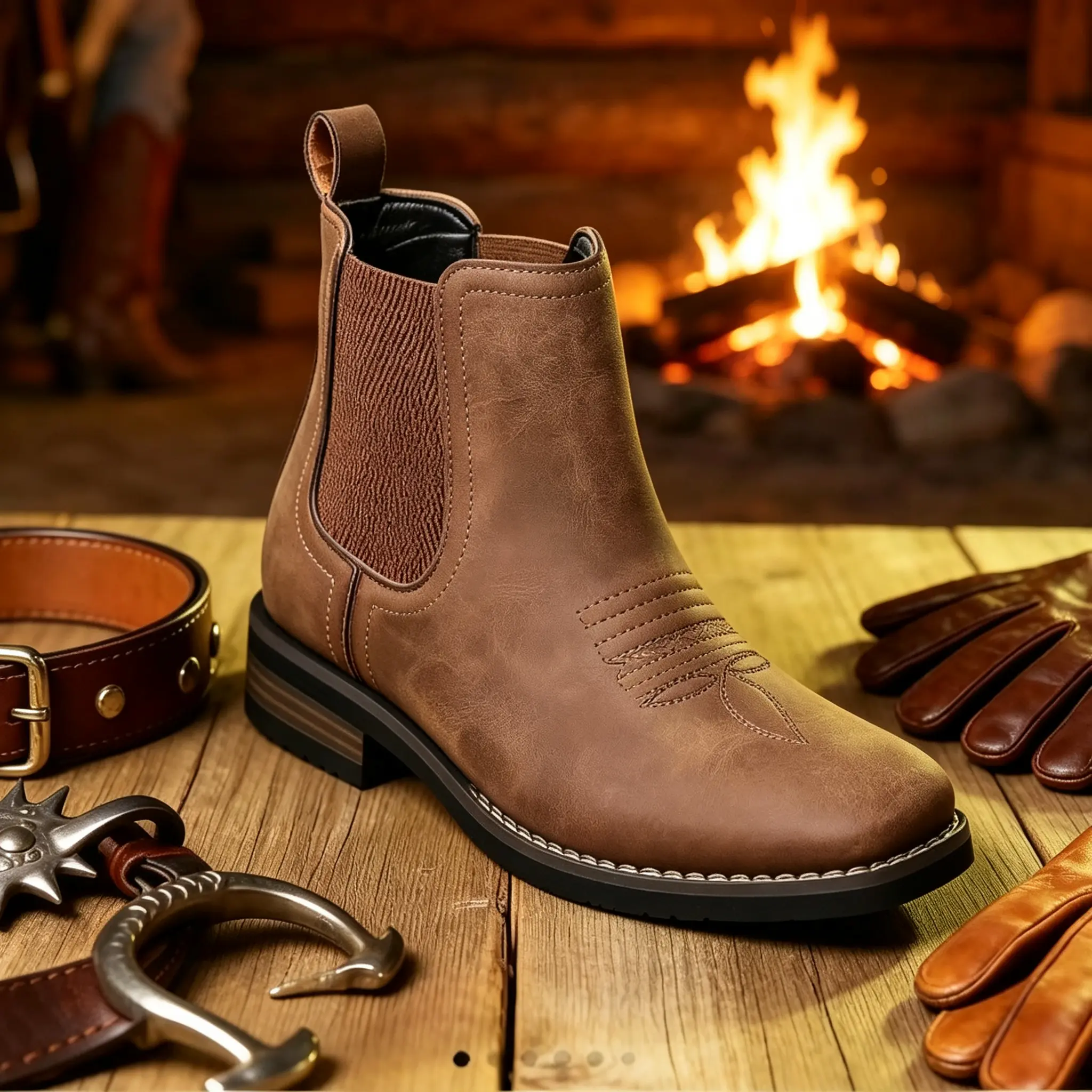 Men's Embroidered Square-Toe Boots - Lace-Up, Cuban Heel, Slip-On, Western Chelsea Design, Synthetic, Breathable, Comfortable, Versatile for Office, Hiking, Classic, Footwear