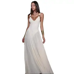 Deep V-Neck Embellished Sleeves Mesh Flare Dress Casual Womenswear Pleated Summer Spring Womenswear