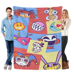 The Amazing Digital Circus Character Faces Flannel Blanket, Colorful Patchwork Throw, Cozy Fleece Blanket for Fans, Cute Cartoon Icon Blanket