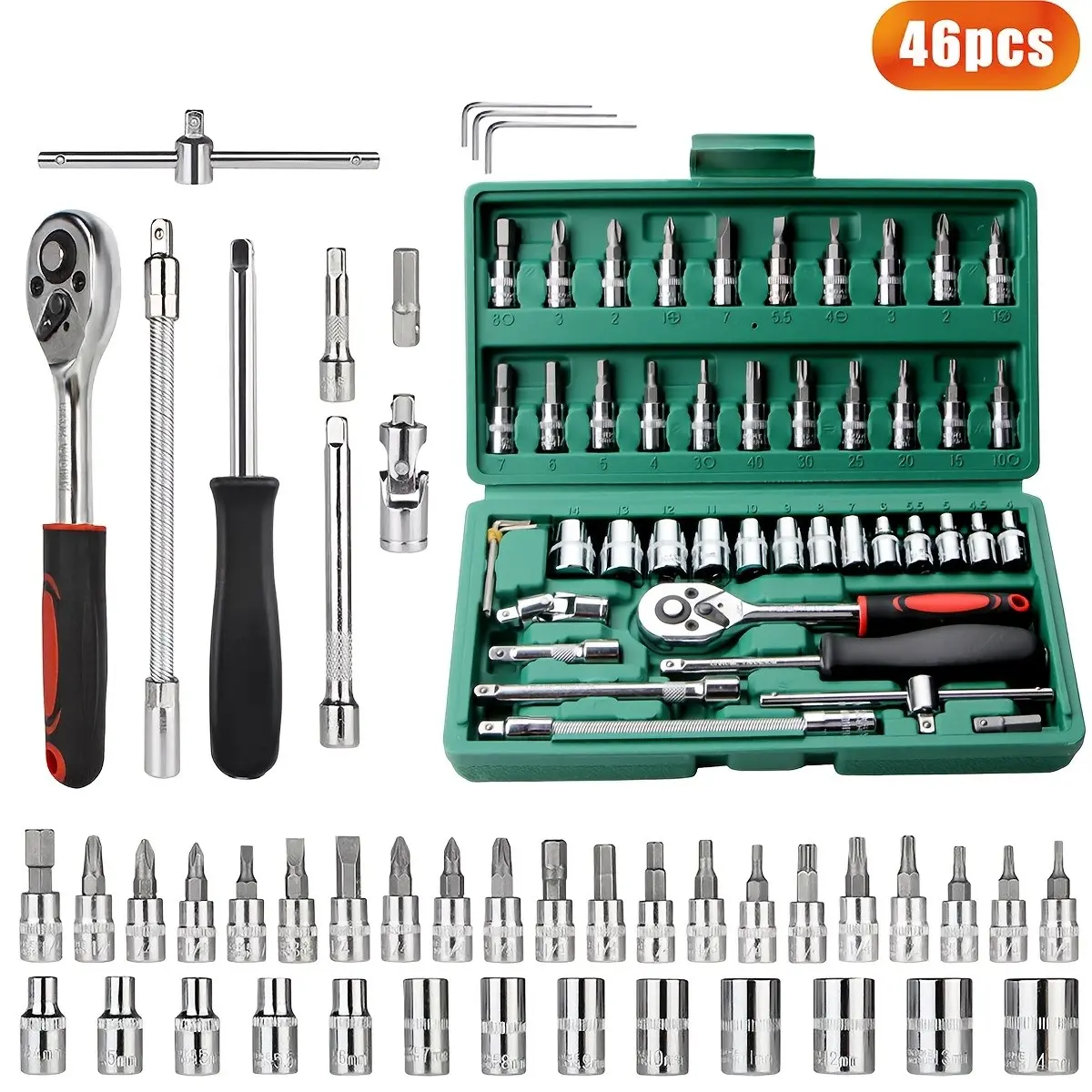 46 pcs Tool Set, Socket Kit, Car, Bicycle & Household Repair Tools, 1/2 * 1/4 "3/8" Drive Depth and Standard Socket, Ratchet Torque Wrench Screwdriver Socket Combination Tool, Red, Dad Gifts