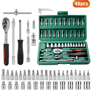 46 pcs Tool Set, Socket Kit, Car, Bicycle & Household Repair Tools, 1/2 * 1/4 "3/8" Drive Depth and Standard Socket, Ratchet Torque Wrench Screwdriver Socket Combination Tool, Red, Dad Gifts