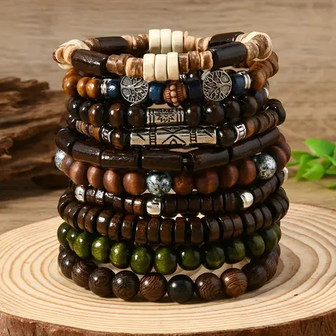 10Pcs/Set Random Men's And Women's Bohemian Style Fashion Wooden Beaded Bracelet, Couple Bracelet Combination Hand String Gift Handmade Beaded Chain Set