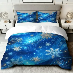 3PCS Duvet Cover Set, 1 Duvet+2 Pillowcases(Without filler), Snowflake Starry Sky Winter Night Frozen theme, Christmas bedding set, Blue Galaxy Design Suitable for decoration bedroom, guest room, living room, hotel.