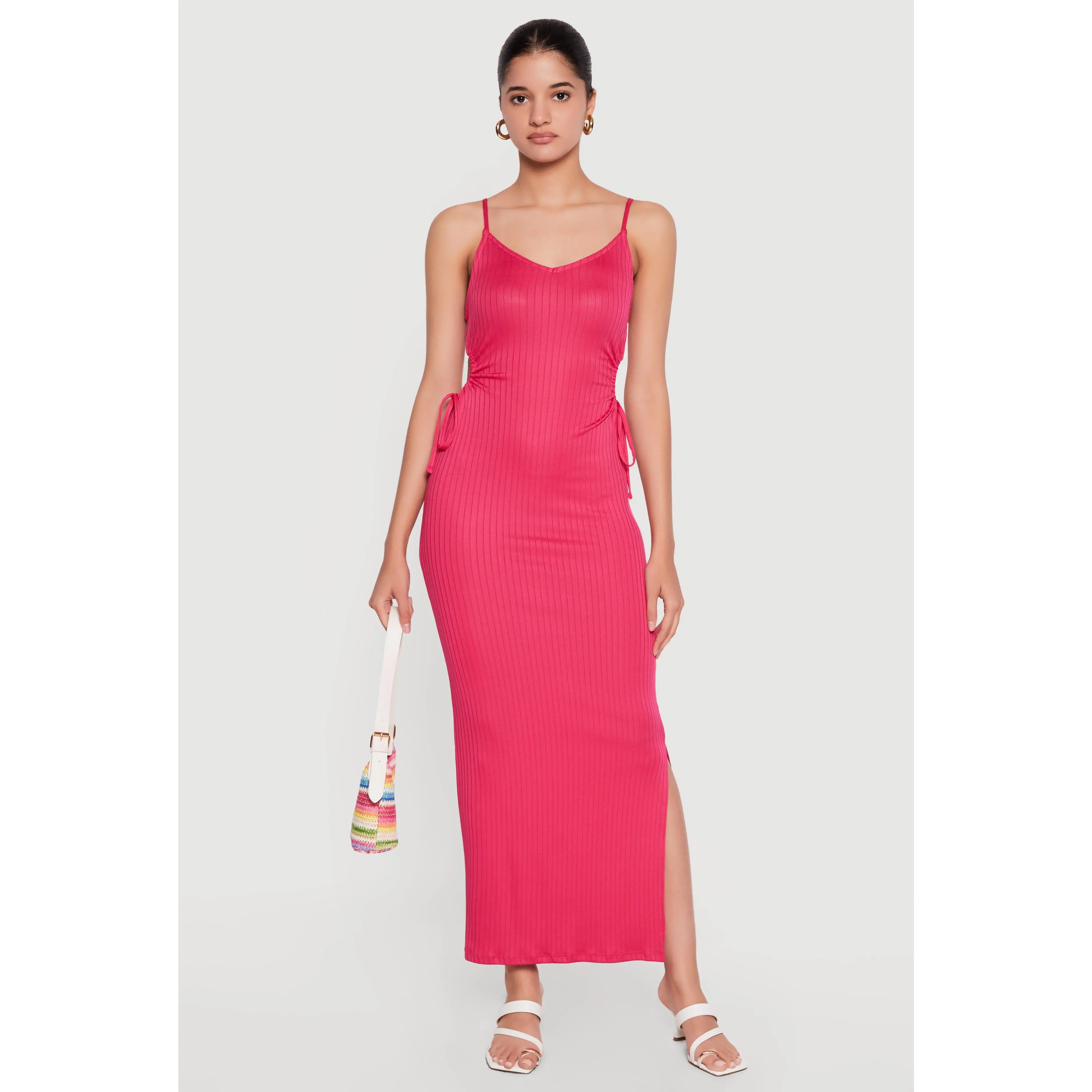 Ribbed Knit Drawstring Keyhole Detail Side Slit Maxi Dress
