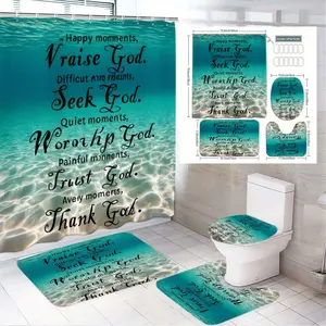 4pcs Turquoise Ocean Inspired Bathroom Decor Kit with Shower Curtain, Toilet Seat Cover & Two Bath Mats Featuring Inspirational Quotes, Bathroom Decoration Accessories