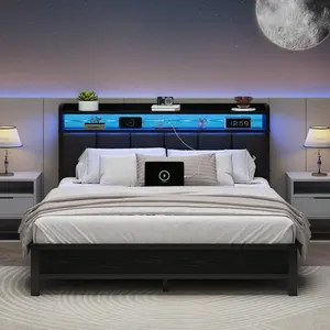 Upholstered Bed Frame With Charging Station, LED Bed Frame With Storage Headboard, Metal Platform Bed Frame With Heavy Duty Metal Slats, No Box Spring Needed, Easy Assembly, Black/ White/ Beige, Twin/ Full/ Queen/ King