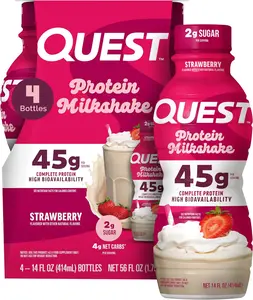 Quest Nutrition Strawberry Protein Shake, 45g Protein, 2g Sugar, 4g Net Carbs, Ready to Drink, Gluten Free, 4 Count