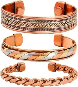 Copper Bracelet Set Of 3 Tibetan Handmade Cuff And Kada For Men And Women Adjustable Bangle (Style 10)