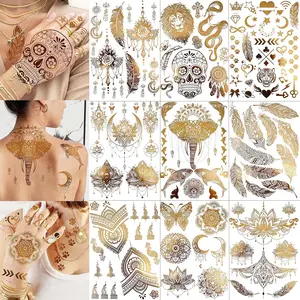 9 Sheets 88+ Designs Large Gold Metallic Temporary Tattoos For Women Boobs Girls Adults, 3D Golden Tattoo Stickers Eleplant, Tribal Bohemia Glitter Snake Tattoos Moon Lotus Body Art