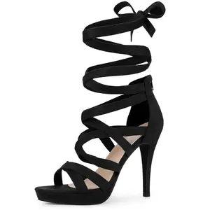 Perphy Women's Open Toe Strappy Lace Up Platform Stiletto Heels Sandals Black 10