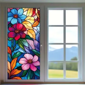 Self-Adhesive Decorative Floral Stained Glass Window Film, 45x100 Cm, Heat Resistant Removable PVC Material, Blue Flowers Design