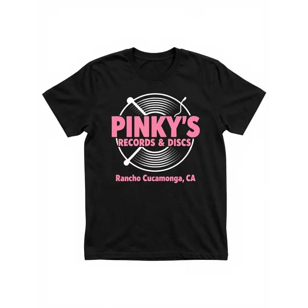 180g 100% Cotton Short-Sleeve Round Neck Oversized T-Shirt, Black "Pinky's Records & Discs" Retro Vil Shop Graphic Casual Menswear Clothes, Movie Reference Streetwear Top for Men, Shortsleeve